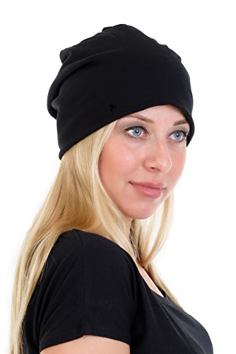 3Elfen Beanie Mütze schwarz/grau aus leichtem Jersey elastisch einfarbig und schlicht mit der Logo Elfe schwarz schwarz von 3Elfen