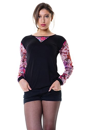 3Elfen Bluse Longsleeve Blusen Zauber lockeres und lässiges Frauen Langarm Shirt schwarz, Damen T-Shirt Langarmshirt, schwarz pink Schmetterling, XL von 3Elfen