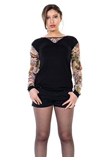 3Elfen Damen Bluse Cooles Longsleeve Blusen Zauber lockeres und lässiges Frauen Langarm Shirt schwarz, Damen T-Shirt Langarmshirt, schwarz grün Schmetterling, S von 3Elfen