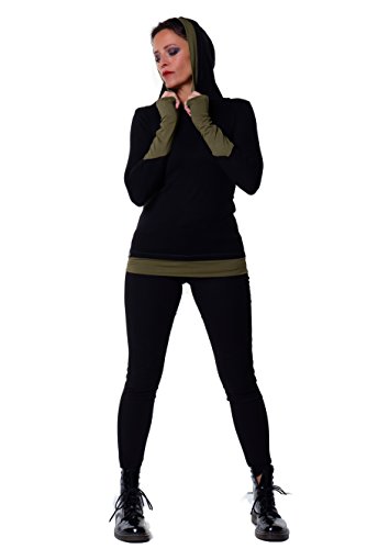 3Elfen Longsleeve Damen Hoodie Kapuzenshirt Langarmshirt Kapuze Gothic XL schwarz Oliv von 3Elfen