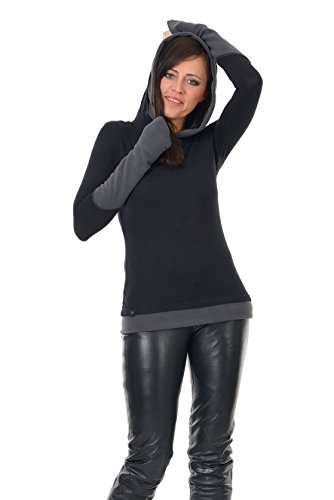 DREI Elfen Winterpulli Damen Goa Hoodie Frauen mit Fleece Armstulpen und Daumenloch, schwarz grau XXL von 3Elfen