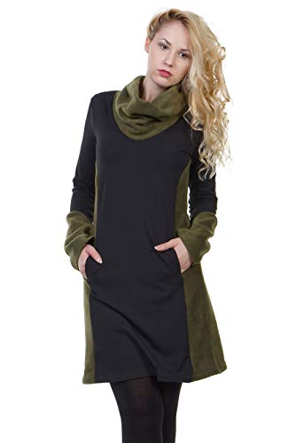Jerseykleid Damen Langarm von DREI Elfen Alinie Kleider locker Langer Rock Frauen schwarz grün Fleece M Winterkleid von 3Elfen
