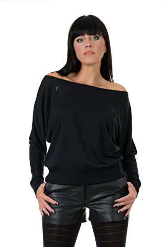 Longshirt weiter Ausschnitt Langarm Damen Longsleeve Logo Elfe von 3 Elfen - schwarz grün L Langarmshirt von 3Elfen