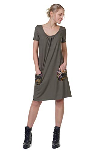 Sommerkleid A-Linien Kleider Kurzarm Damen locker lässiges DREI Elfen Basic Kleid Frauen M Oliv von 3Elfen