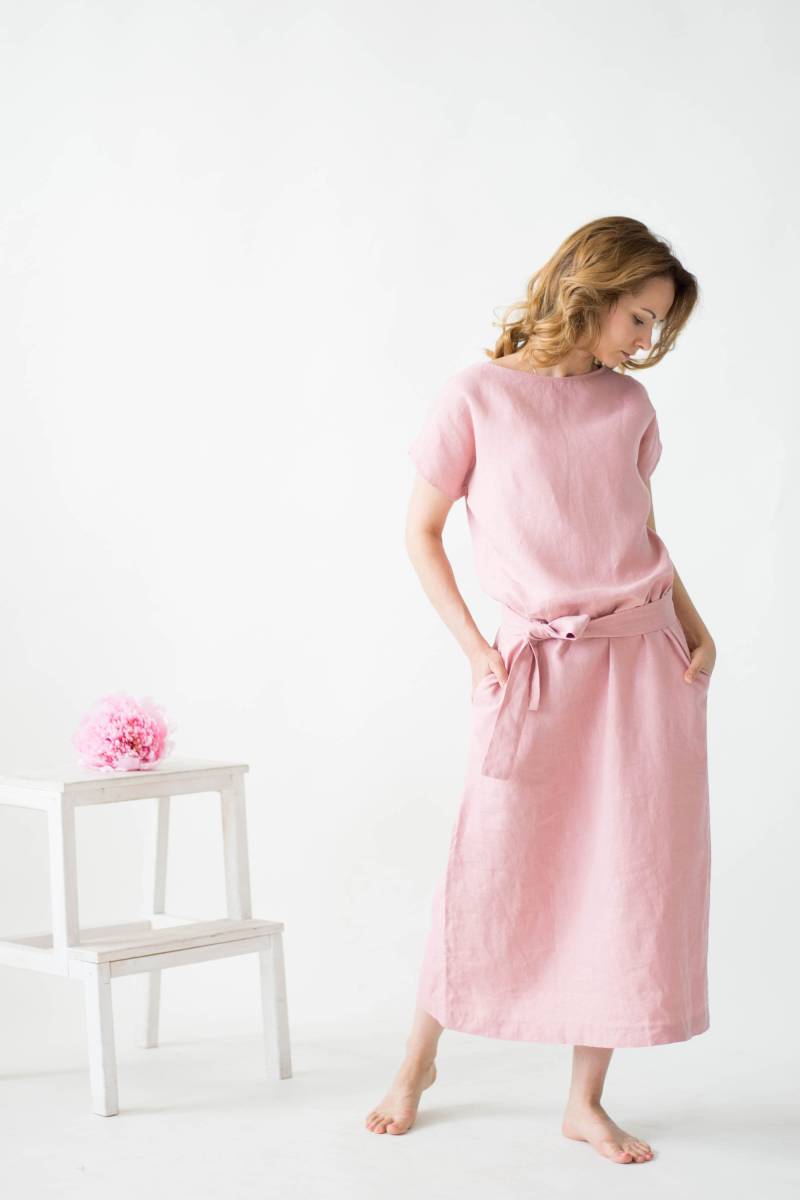Altrosa Leinenkleid - Sommer Frauen Kleid Leinen Langes Tunika-stil in Rose, Weiß, Blau, Naturleinen Und Mehr Farben von 3HLinen