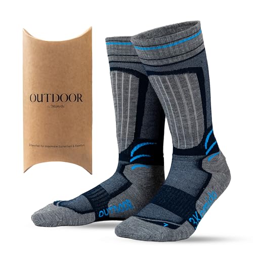 3Kamido OUTDOOR Socken aus Merinowolle - Trekkingsocken Wandersocken Atmungsaktiv Weich Thermo Schnelltrocknend gegen Hornhautbildung Für Bergexpeditionen Kinder Damen Herren (Grau/Marine 27-30EU) von 3Kamido