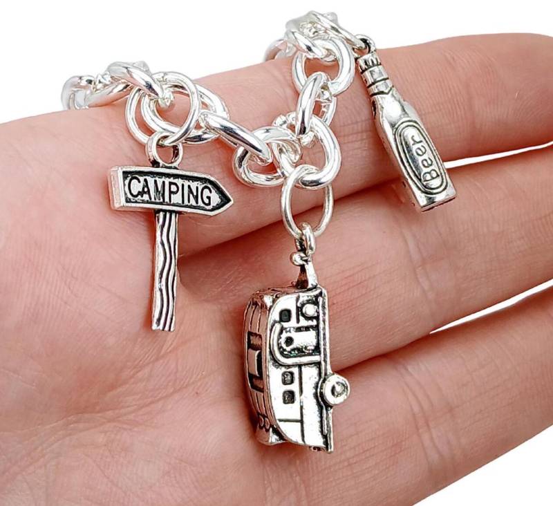 Camping 925 Silber Charm Gliederarmband, Camp, Platz, Sommer Urlaub, Camper Geschenk von 3PetuniaPlace