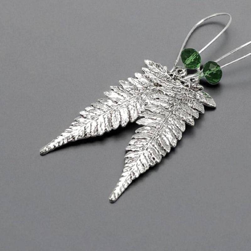 Farn Blatt Silber Groß Charm Tropfen Ohrringe, Statement, Wald Pflanze, Grüne Garten Greenery, Woodland Schmuck, Gärtner, Handgemachtes Geschenk von 3PetuniaPlace