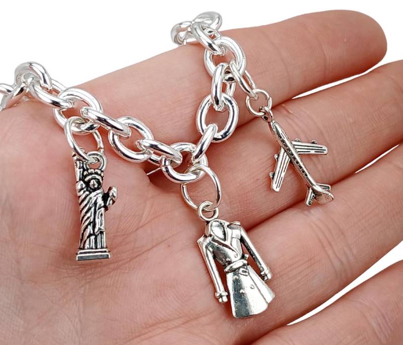 Flugbegleiter 925 Silber Charm Link Armband, Weltreise, Luftfahrt, Fluggesellschaft, Flugzeug, Flugzeugpilot, Reisende Geschenkidee von 3PetuniaPlace