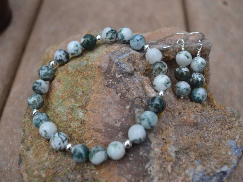 Baum-Achat Und Sterling Silber Armband Strecken Baumeln Ohrringe Set Baum-Achat Und Sterling Silber Armband Strecken Baumeln Ohrringe Set von 3RWeDragonflyDesigns