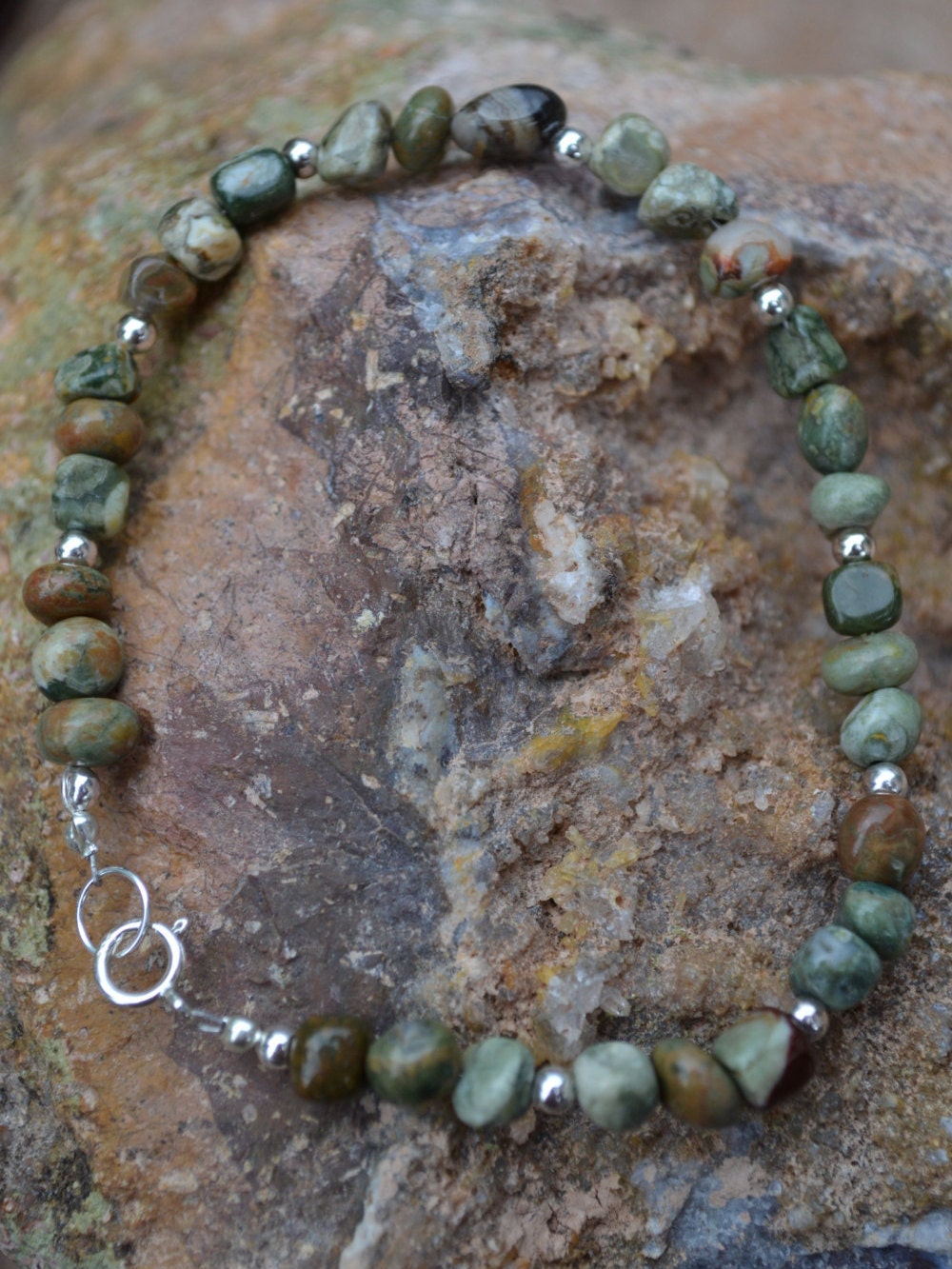 Rhyolit Und Sterling Silber Armband Ohrringe Set Rhyolit Und Sterling Silber Armband Ohrringe Set von 3RWeDragonflyDesigns