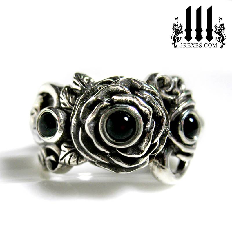 Rosen Mond Spinne Ring Schwarz Onyx Stein Silber Gothic Blumen Band Gr. 18 von 3RexesJewelry