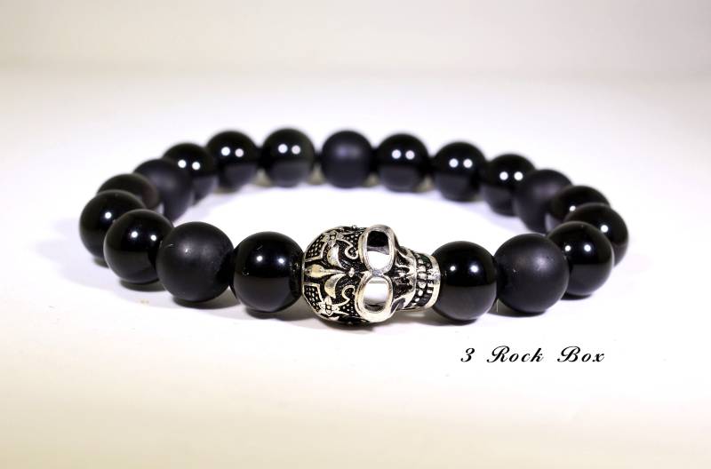 10mm Herren Matt Black Onyx Und Schwarzer Obsidian Mit Fleur De Lis Schädel Chakra Klarheit Schutz Geschenk Vatertag von 3RockBox