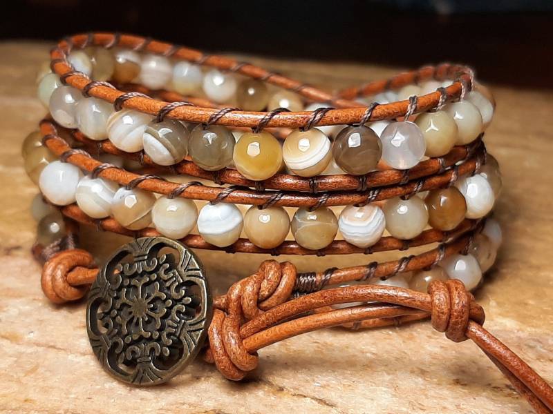 Honig Achat - Leder Wrap Perlen Armband, Boho Wrap, Boho, Mens Or Womans von 3dogsdesign