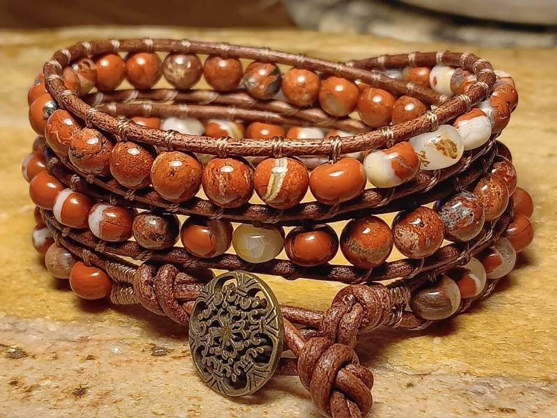 Roter Jaspis - Lederwickelarmband, Boho Wrap, Boho, Herren Oder Damen von 3dogsdesign