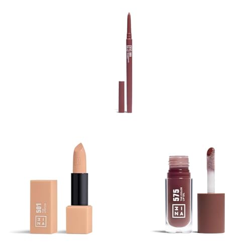 3INA MAKEUP - The Automatic Lip Pencil 565 + The Lipstick 501 + The Color Lip Oil 575 - Mittelbraun Rot Lippenkonturenstift + Klassisches Beige Lippenstift + Braun Lip Gloss - Vegan - Cruelty Free von 3ina
