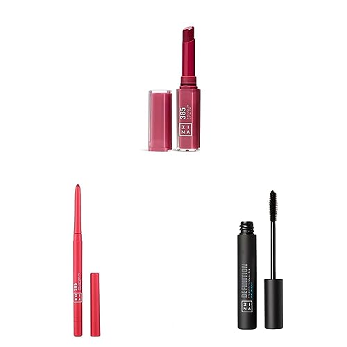 3INA MAKEUP - The Color Lip Glow 385 + The Automatic Lip Pencil 385 + The Waterproof Definition Mascara 900 - Lippenstift Lippenkonturenstift & Schwarz Wimperntusche - Vegan - Cruelty Free von 3ina