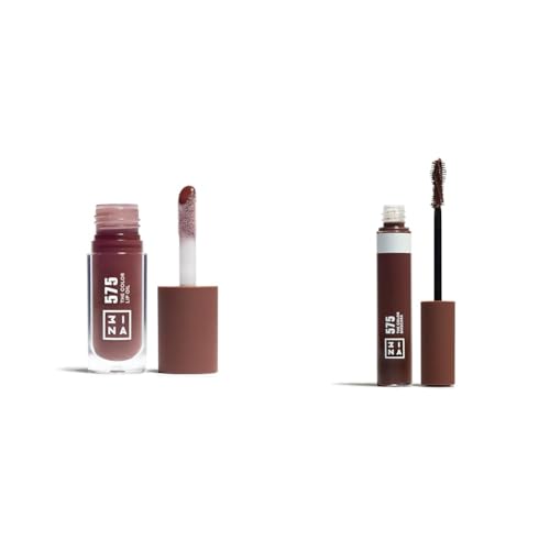 3INA MAKEUP - The Color Lip Oil + The Color Mascara 575 - Braun Lip Gloss mit Hyaluronsäure - 24h Feuchtigkeit Lip Balm + Braun Wimperntusche mit Keratin - Umfang und Definition -Vegan -Cruelty Free von 3ina