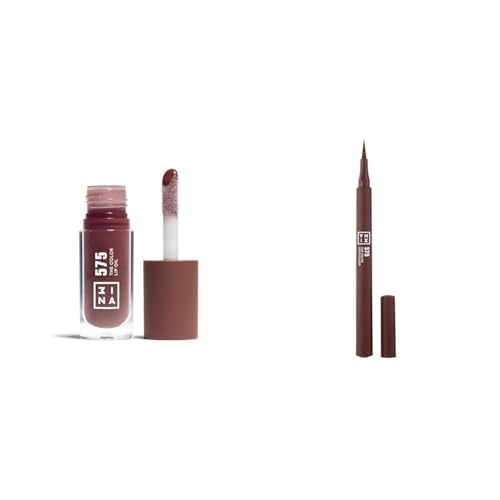 3INA MAKEUP - The Color Lip Oil 575 + The Color Pen Eyeliner 575 - Braun Lip Gloss & Flüssiger Eyeliner - 24h Feuchtigkeit Lip Balm + 10h Langhaltende Matte Eyelinerstift - Vegan - Cruelty Free von 3ina