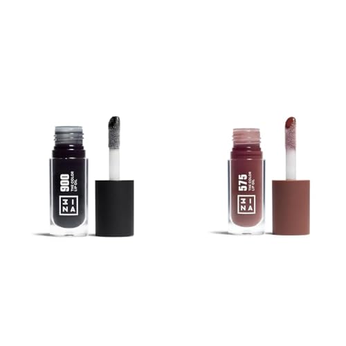 3INA MAKEUP - The Color Lip Oil 900 + 575 - Schwarz + Braun Lip Gloss mit Hyaluronsäure - 24h Feuchtigkeit Lip Balm für Trockene Lippen - Hochglänzende Lippenöl - Vegan - Cruelty Free von 3ina