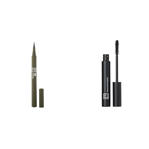 3INA MAKEUP - The Color Pen Eyeliner 759 + The 24H Level Up Mascara 900 - Olivgrün Flüssiger Eyeliner 10h Langhaltende Matte Eyelinerstift + Schwarz Wimperntusche Lange Wimpern - Vegan - Cruelty Free von 3ina