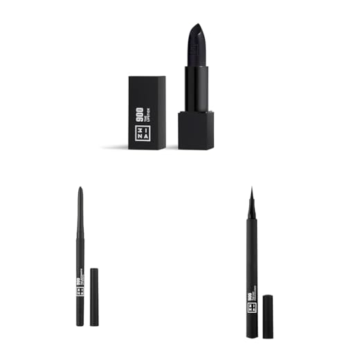 3INA MAKEUP - The Lipstick 900 + The Automatic Lip Pencil 900 + The 24h Pen Eyeliner 900 - Schwarz - Eyeliner Waterproof + Lippenstift + Lippenkonturenstift - Vegan - Cruelty Free von 3ina