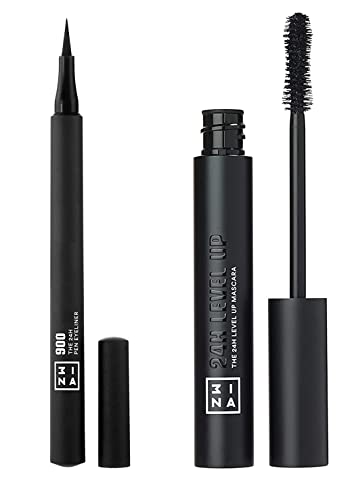 3INA MAKEUP - Vegan - Cruelty Free - The 24h Pen Eyeliner and The 24h Level Up Mascara - Flüssiger Filz-Eyeliner Wasserfest Shcwarz für präzisen Lidstrichund Schwarze Wimperntusche - Länge und Volumen von 3ina