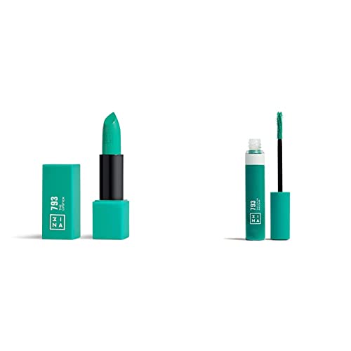 3INA MAKEUP - Vegan - The Lipstick 793 + The Color Mascara 793 - Türkis-Grün - Lippenstift Matt Mattiert - Volumen und Länge Mascara - Hochpigmentiert - Pflanzliche Keratin-Formel - Cruelty Free von 3ina