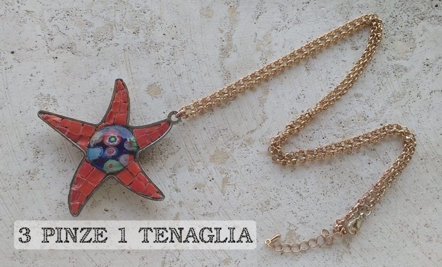 Sternanhänger - Lange Halskette Mit Vergoldetem Stahlanhänger, Mosaik, Murrina von 3pinze1tenaglia