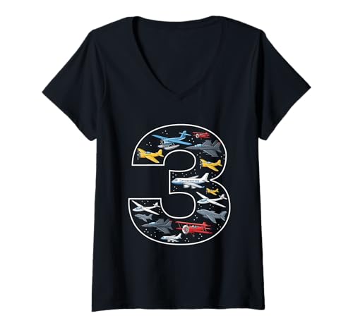 Damen 3. Geburtstag 3 Jahre alt Flugzeug Jungen Mädchen Luftfahrt T-Shirt mit V-Ausschnitt von 3rd Birthday 3 Year Old Airplane Boys Girls