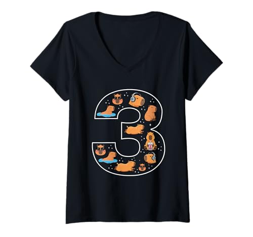 Damen 3. Geburtstag 3 Jahre alt Capybara Jungen Mädchen Tier T-Shirt mit V-Ausschnitt von 3rd Birthday 3 Year Old Capybara Boys Girls