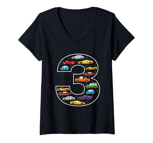 Damen 3. Geburtstag 3 Jahre alte Autos Jungen Mädchen Rennen T-Shirt mit V-Ausschnitt von 3rd Birthday 3 Year Old Cars Boys Girls