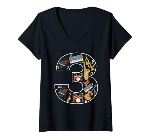 Damen Musikband für Jungen und Mädchen, 3. Geburtstag T-Shirt mit V-Ausschnitt von 3rd Birthday 3 Year Old Music Boys Girls