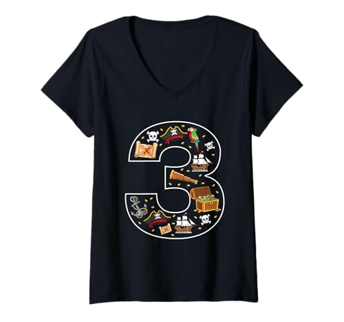 Damen 3. Geburtstag 3 Jahre alt Pirat Jungen Mädchen Schädel T-Shirt mit V-Ausschnitt von 3rd Birthday 3 Year Old Pirate Boys Girls