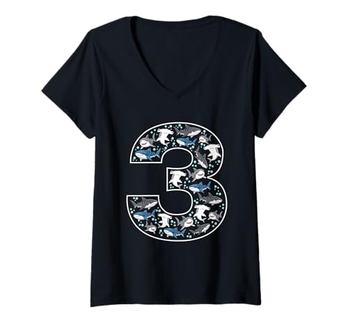 Damen 3. Geburtstag 3 Jahre alt Hai Jungen Mädchen Fisch T-Shirt mit V-Ausschnitt von 3rd Birthday 3 Year Old Shark Boys Girls