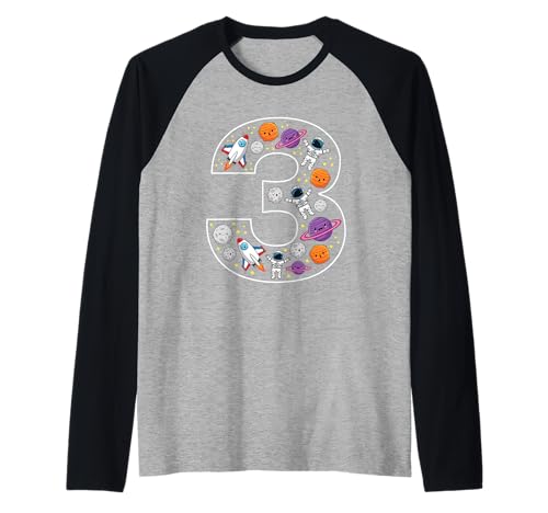 3. Geburtstag 3 Jahre alt Weltraum Jungen Mädchen Astronaut Planeten Raglan von 3rd Birthday 3 Year Old Space Boys Girls Astronaut