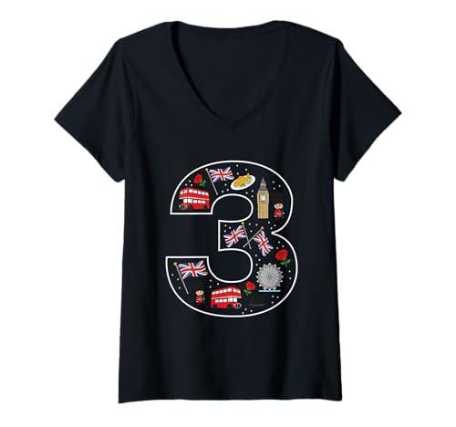 Damen 3. Geburtstag Britisches Vereinigtes Königreich 3 Jahre alte UK-Flagge T-Shirt mit V-Ausschnitt Damen 3. Geburtstag Britisches Vereinigtes Königreich 3 Jahre alte UK-Flagge T-Shirt mit V-Ausschnitt von 3rd Birthday British United Kingdom 3 Year Old UK