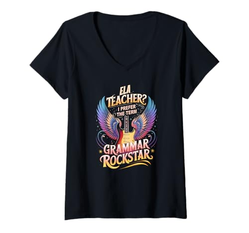 Damen Groovy ELA TEACHER Englische GRAMMATIK ROCKSTAR Kunst und Literatur T-Shirt mit V-Ausschnitt Damen Groovy ELA TEACHER Englische GRAMMATIK ROCKSTAR Kunst und Literatur T-Shirt mit V-Ausschnitt von 3rd Grade Grammar Testing Bookworm I Teach