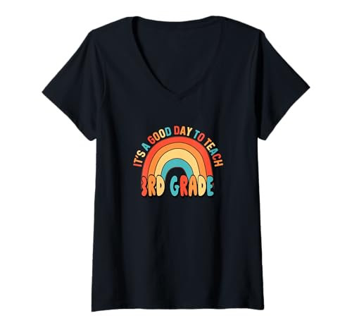 Damen It's a Good Day to Teach 3rd Rainbow Heart 70s Retro Boho T-Shirt mit V-Ausschnitt Damen It's a Good Day to Teach 3rd Rainbow Heart 70s Retro Boho T-Shirt mit V-Ausschnitt von 3rd Third Grade Group Apparel for Teachers by RJ