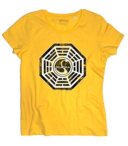 3styler Damen-T-Shirt Dharma Initiative Logo - Lost Schwanenstation - Vintage Linie - Bio-Baumwolle 140 g/m², gelb, X-Large von 3styler