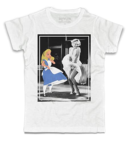 T-Shirt Herren Bianca Alice Im Wunderland Vs Marilyn Monroe - Diva Del Cinema - Bücher Klassiker - Linie Collection - Baumwolle Flamed (Slub) 150 Gr/Qm (M, Weiß) von 3styler