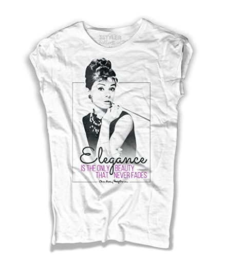 T-Shirt für Damen, Weiß, Audrey Hepburn - Elegance is The Only Beauty That Never Fades - Linie Collection - Baumwolle geflammt (Slub) 150 g/m², Weiß, Medium von 3styler