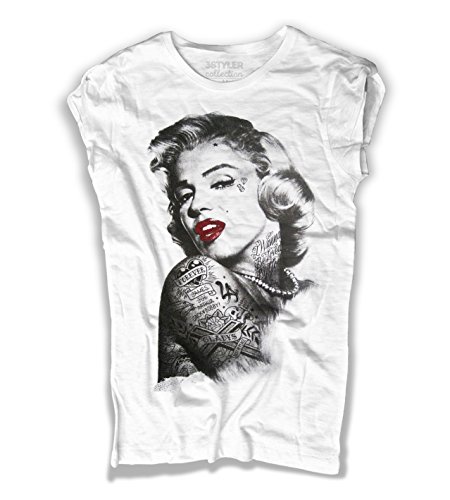 T-Shirt für Damen, Weiß, Marilyn Monroe, Tätowiert, Marilyn Tattooed, Linie Collection, geflammte Baumwolle (Slub) 150 g/m², Bianco, Medium von 3styler