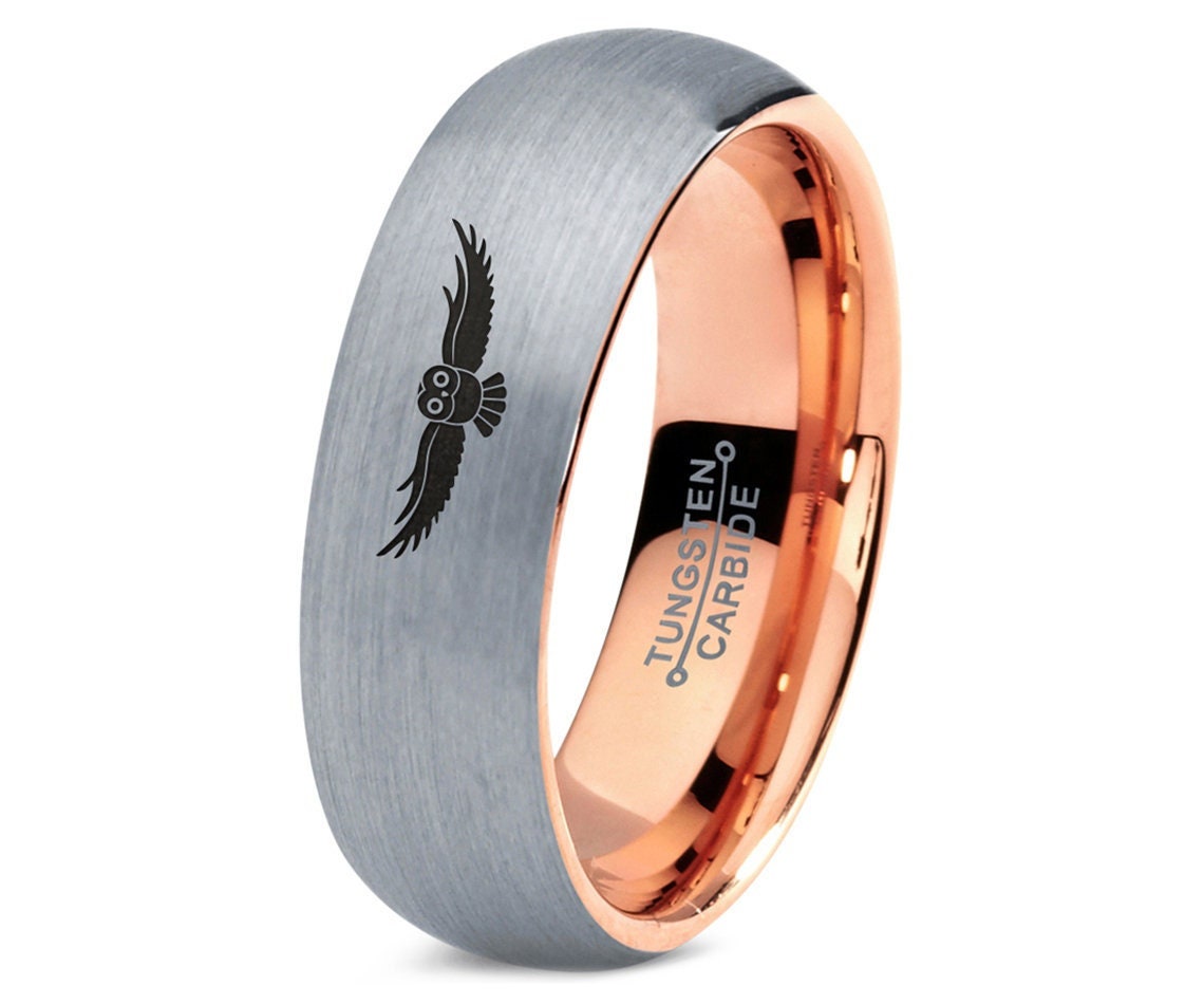Fliegen Eule Vogel Ring, Herren Eheringe Wolfram, Rose Gold Wolfram Ring Für Männer, Silber Grau Ringe Frauen, Geschenke Die Freundin von 3tinkerspinkdesigns