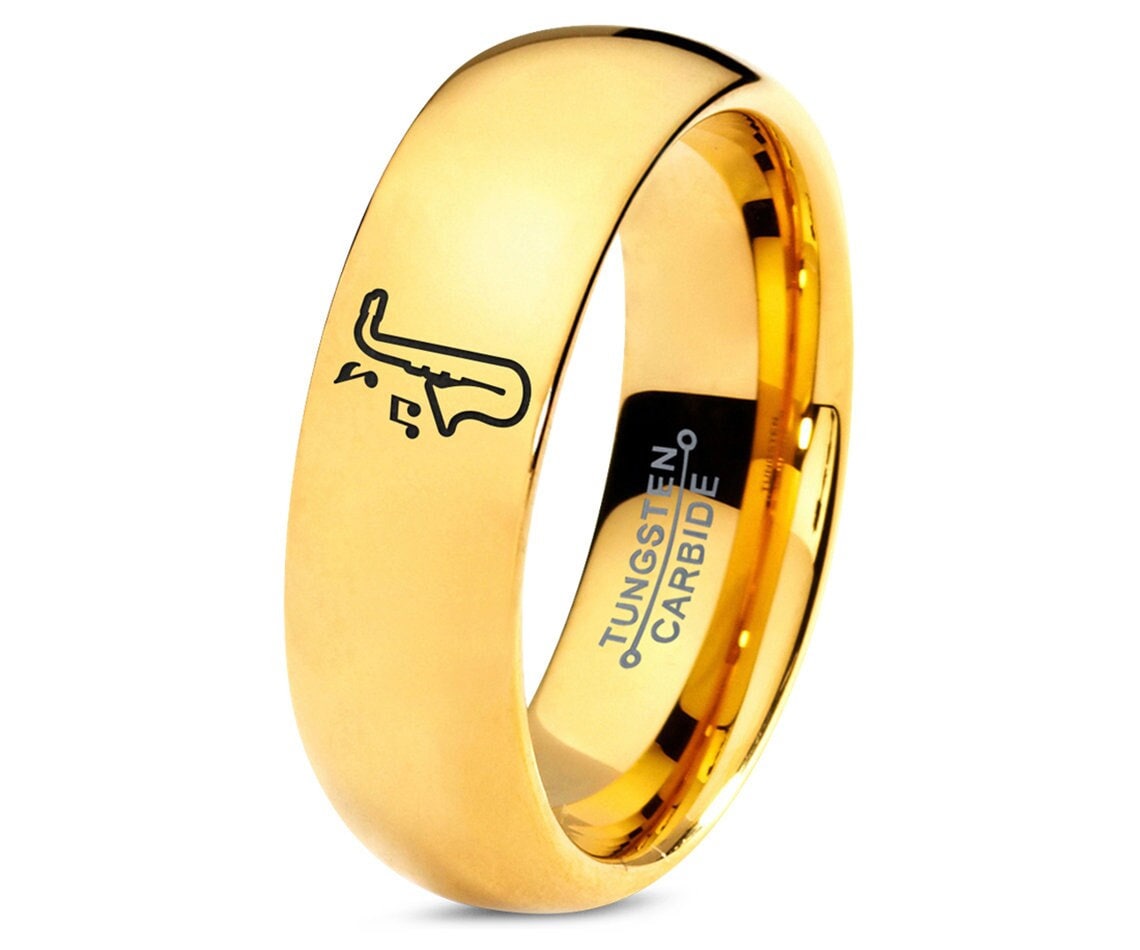 Saxophon Musik Ring | Gelbgold Überzogener Ehering Wolfram Paar Versprechen Geschenk Für Musiker Kostenloser Versand von 3tinkerspinkdesigns