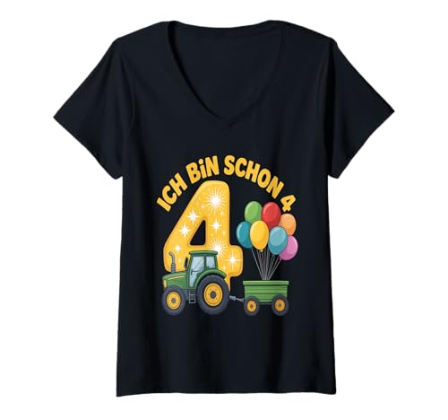Damen Kinder 4 Geburtstag Junge Traktor Outfit Ich Bin Schon 4 T-Shirt mit V-Ausschnitt Damen Kinder 4 Geburtstag Junge Traktor Outfit Ich Bin Schon 4 T-Shirt mit V-Ausschnitt von 4 Year Tractors Birthday