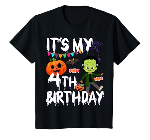 Kinder 4. Geburtstag Monster Kürbis Halloween Kostüm T-Shirt von 4. Geburtstag Monster Halloween Geburtstag