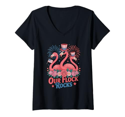 Damen Unsere Flock rockt patriotisches Flamingo T-Shirt mit V-Ausschnitt Damen Unsere Flock rockt patriotisches Flamingo T-Shirt mit V-Ausschnitt von 4. Juli Hemd für den Sommer