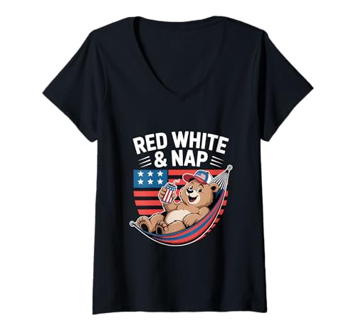 Damen 4. Juli Väter Red White & Nap Bär T-Shirt mit V-Ausschnitt Damen 4. Juli Väter Red White & Nap Bär T-Shirt mit V-Ausschnitt von 4. Juli Väter Feier Gemütlich Bären