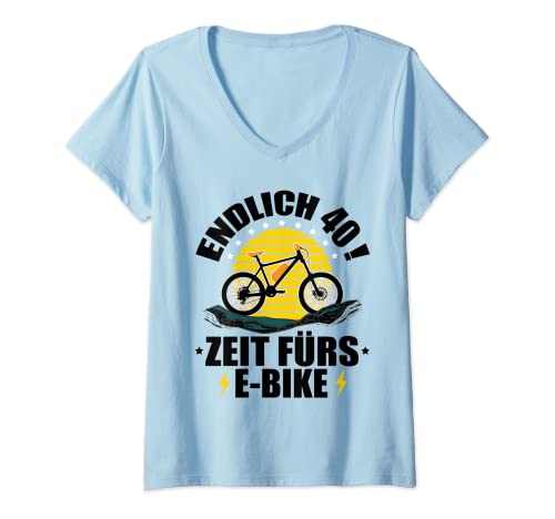 Damen 40. Geburtstag Fahrrad - Endlich 40! Zeit fürs E-Bike T-Shirt mit V-Ausschnitt von 40 Geburtstag 40 Ehrentag 40 Jubiläum Radsport